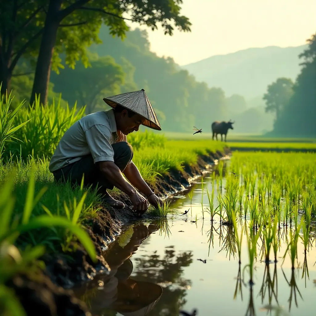 Farmer in a Lush Rice Field