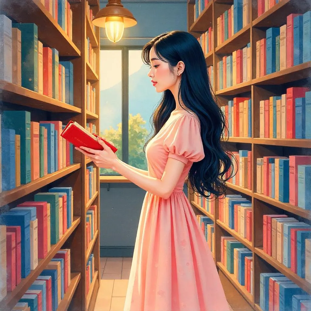 Watercolor Woman Browsing in a Cozy Bookstore
