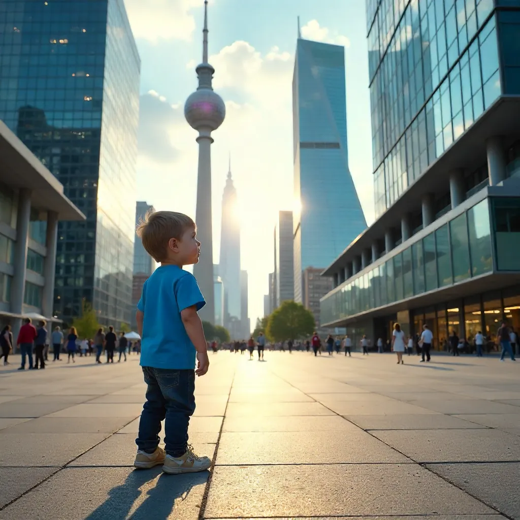 Blue Shirt Child Exploring Berlin's Modern Architecture