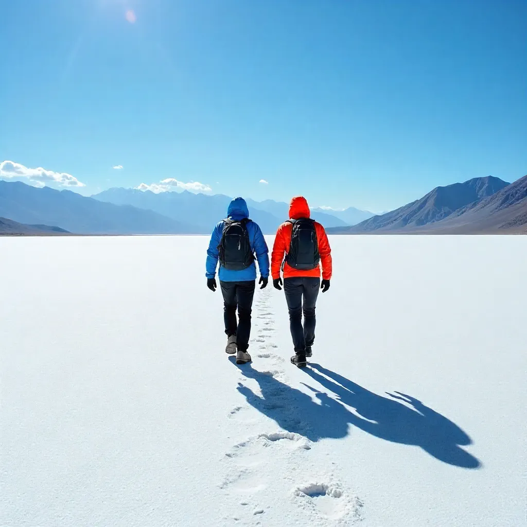 Two hikers on Salar de Uyuni under blue sky