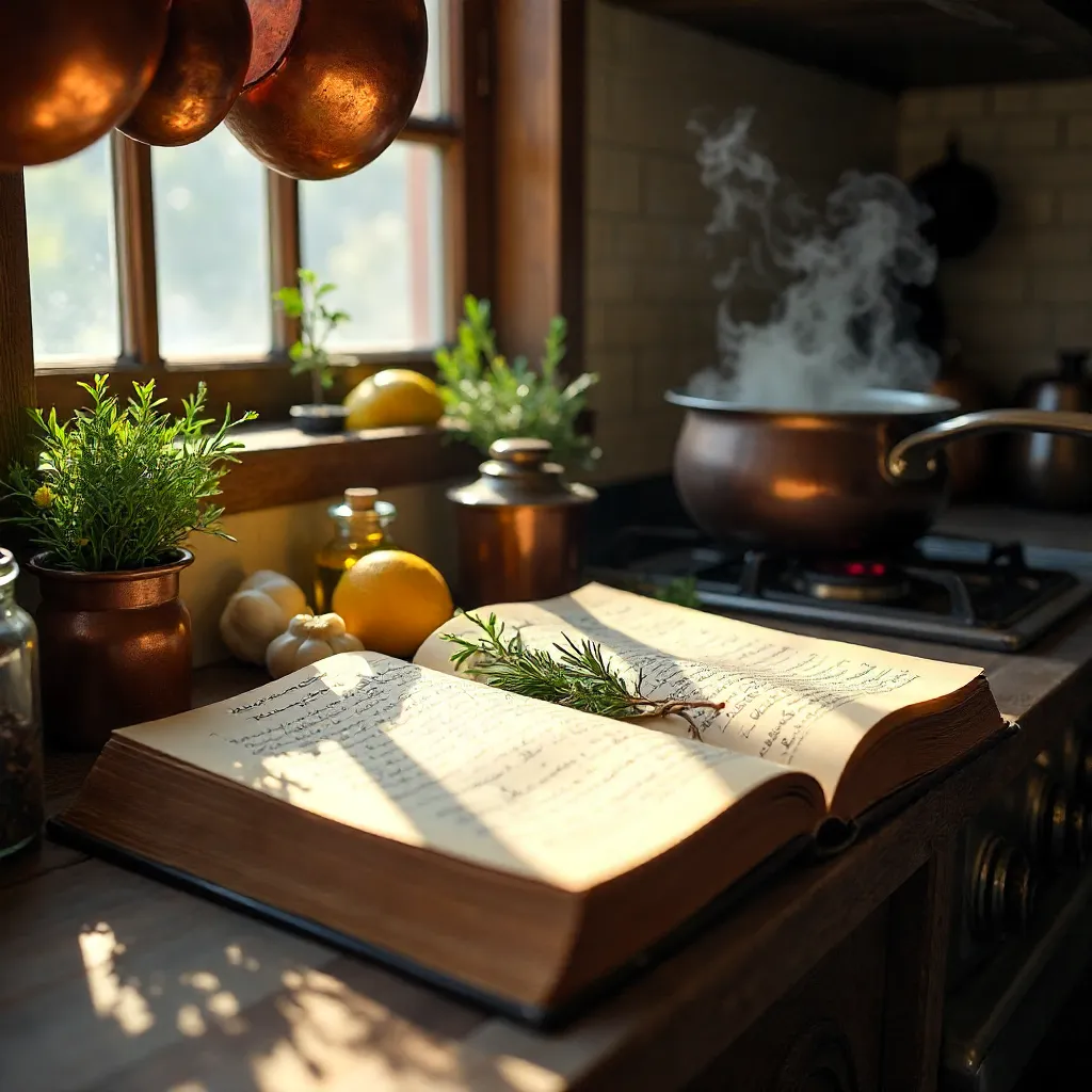Open Cookbook in a Cozy Kitchen with Pots and Spices