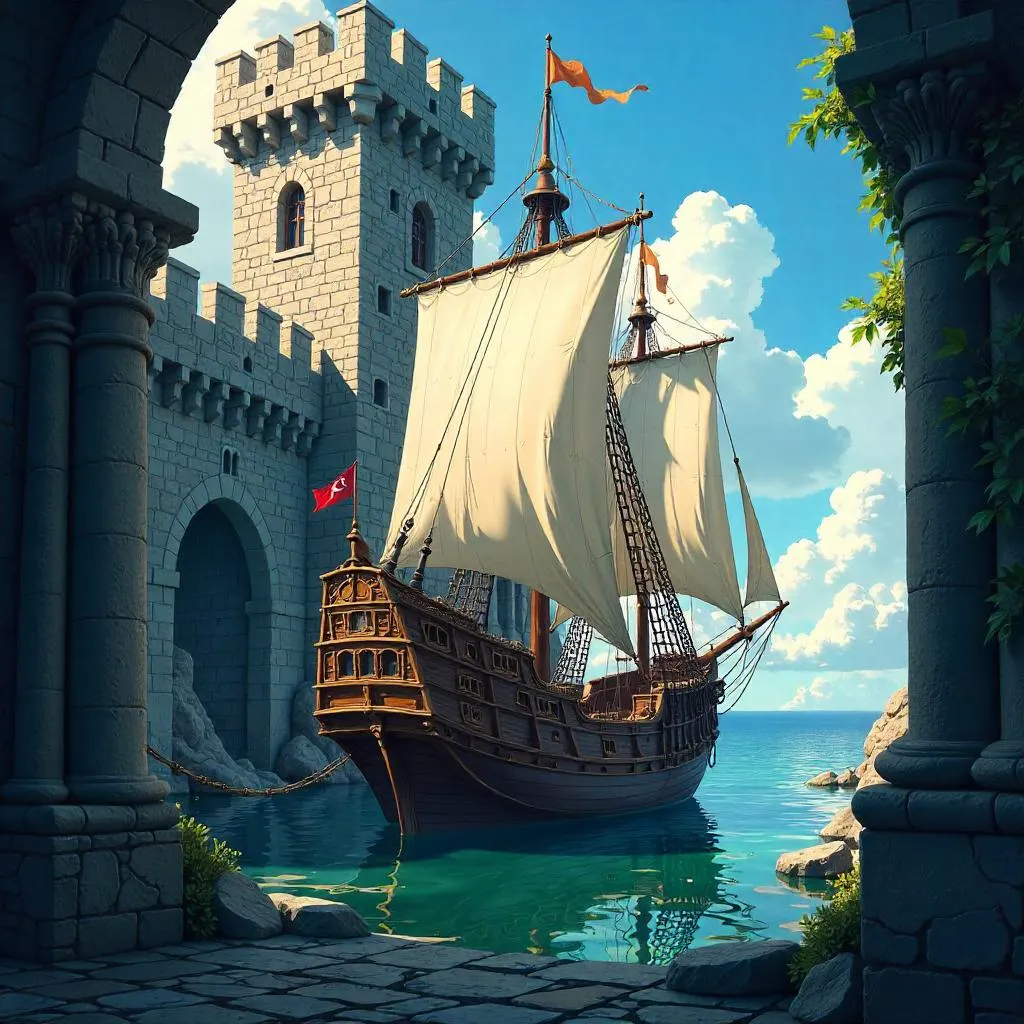 Sailing Ship in a Castle Courtyard, Anime Style