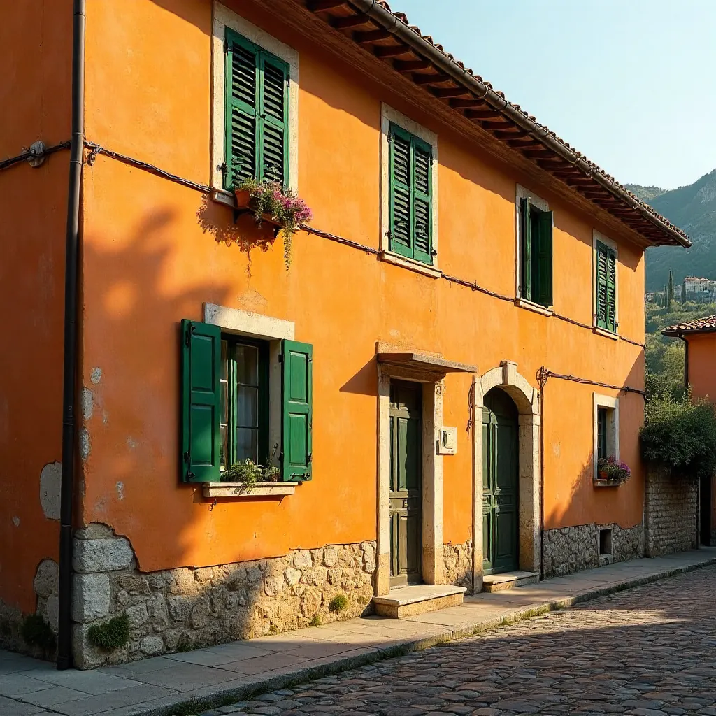Bright Orange Facade with Shuttered Windows, Rastignano