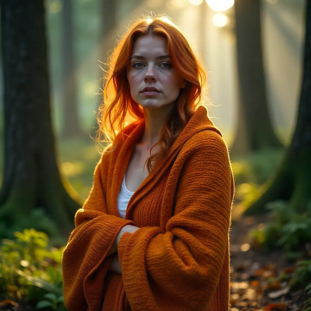 Red-Haired Woman in an Orange Blanket in the Forest