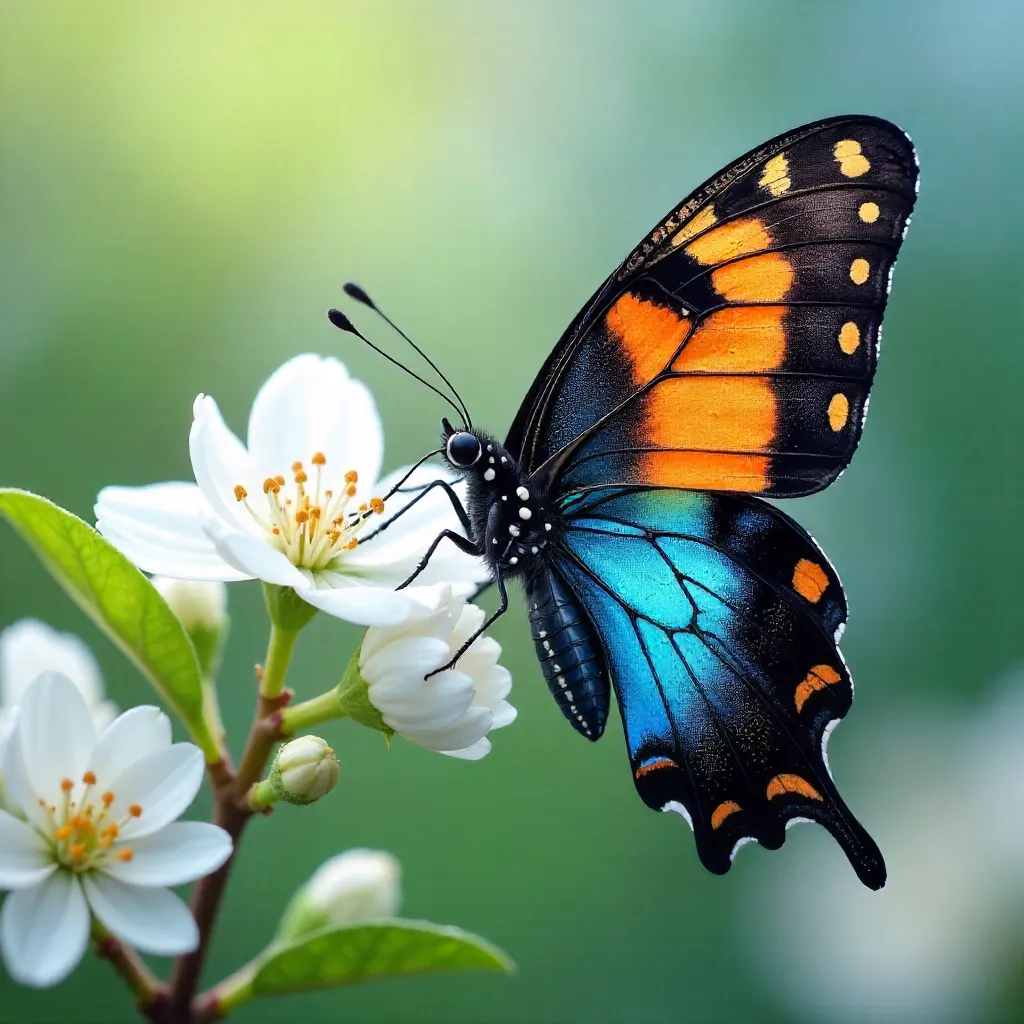 Vibrant Butterfly on White Spring Blossoms in Soft Light
