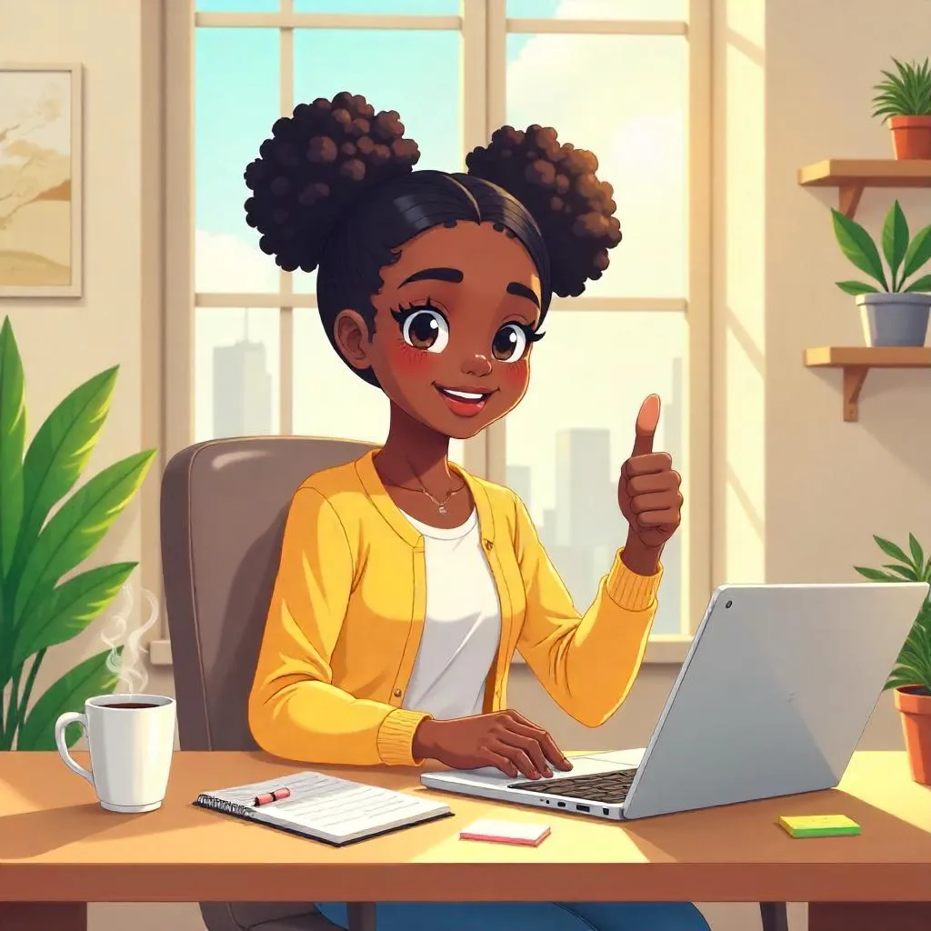 Cheerful Black Girl in an Anime-Style Workspace