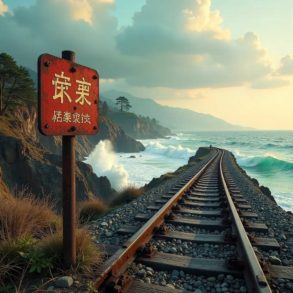 Oceanfront Railway with Erosion Sign, Taitung, Taiwan