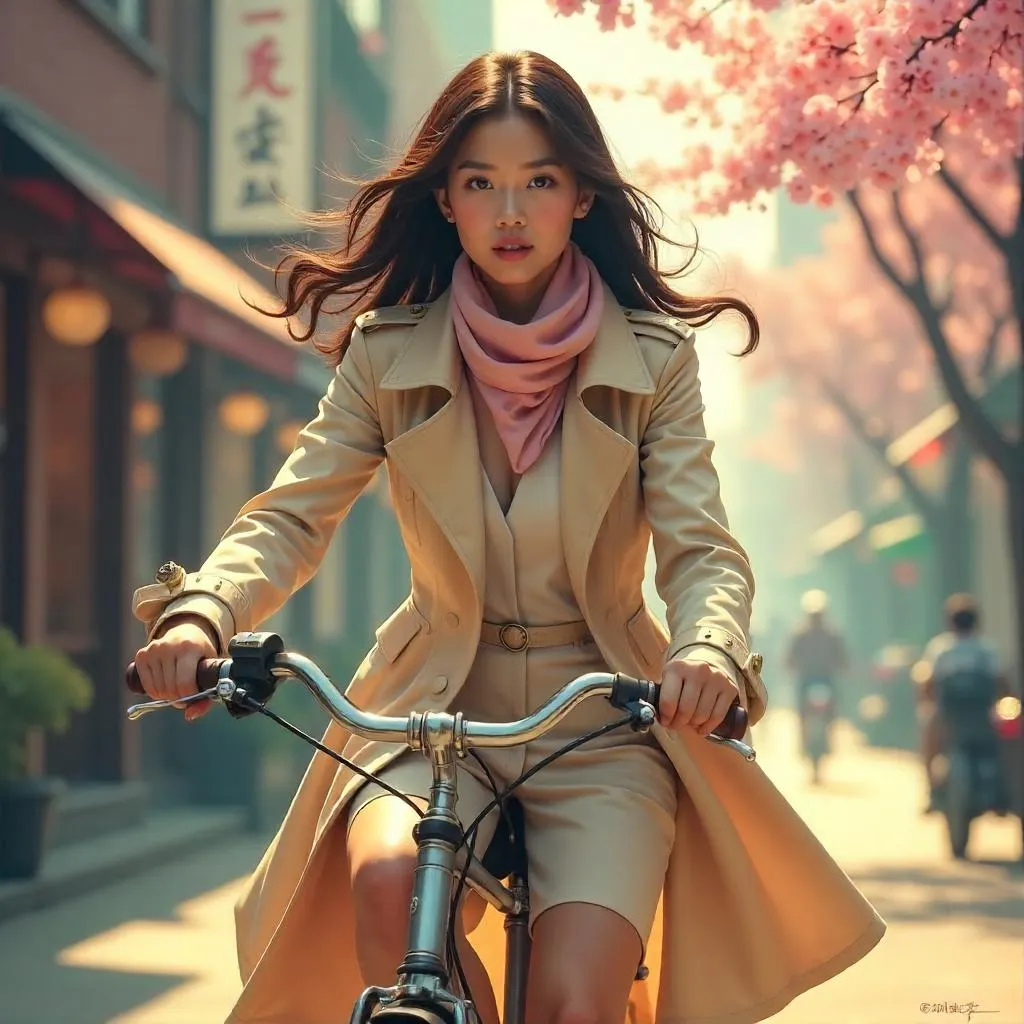 Graceful Asian Woman on a Bicycle — Concept Art
