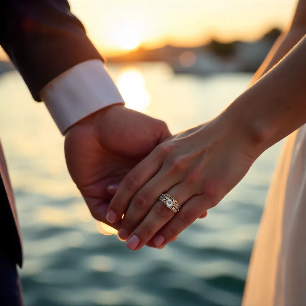 Close-up of Wedding Rings by the Waterfront at Sunset