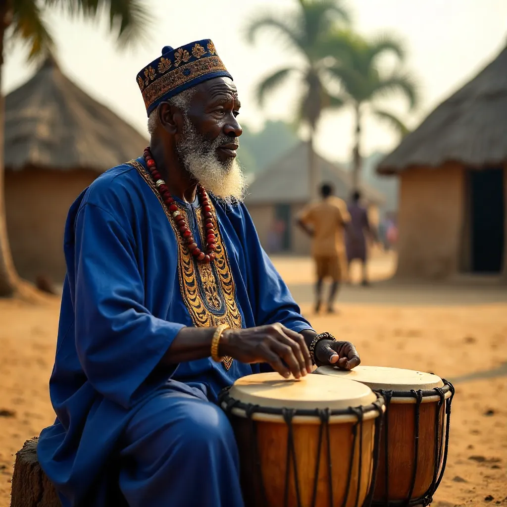 Elder Yoruba Drummer with Talking Drum Outdoors