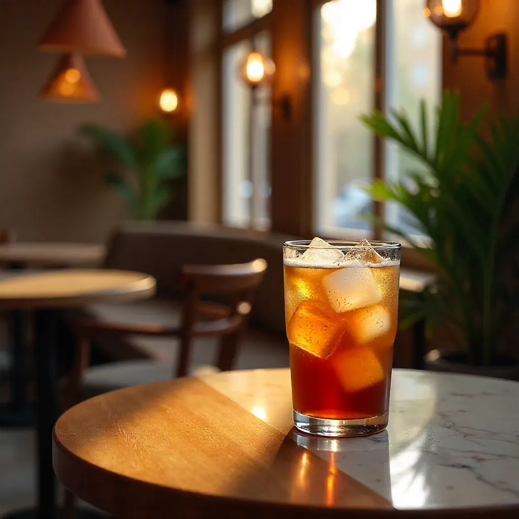 Warm Café Glow with a Glass of Iced Coffee