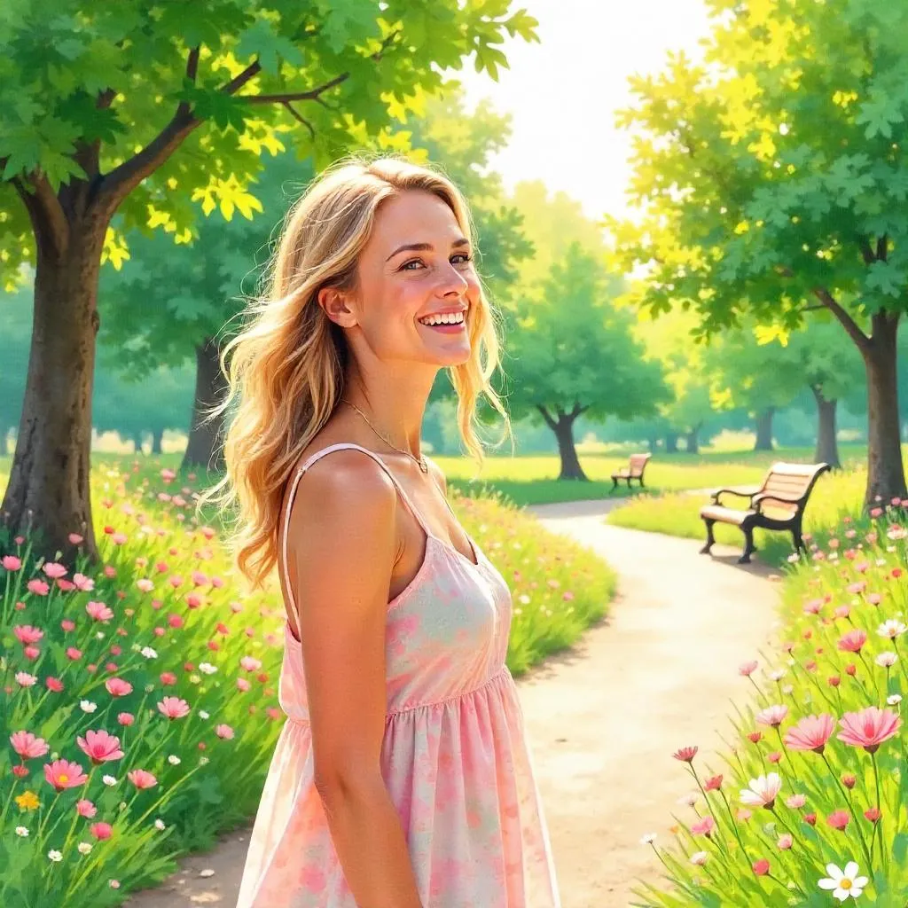 Cheerful White Woman in a Watercolor Park