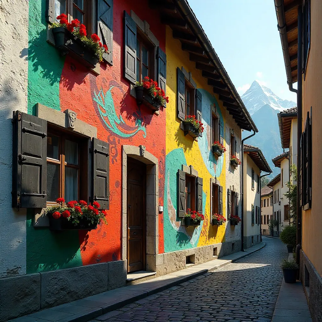 Vibrant Frescoed Facade in a Swiss Alleyway