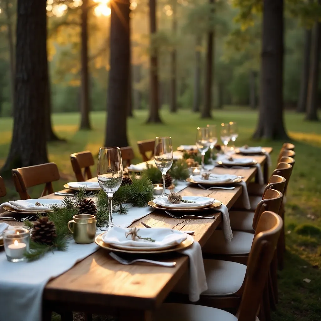 Serene Pine Forest Outdoor Dining Setup