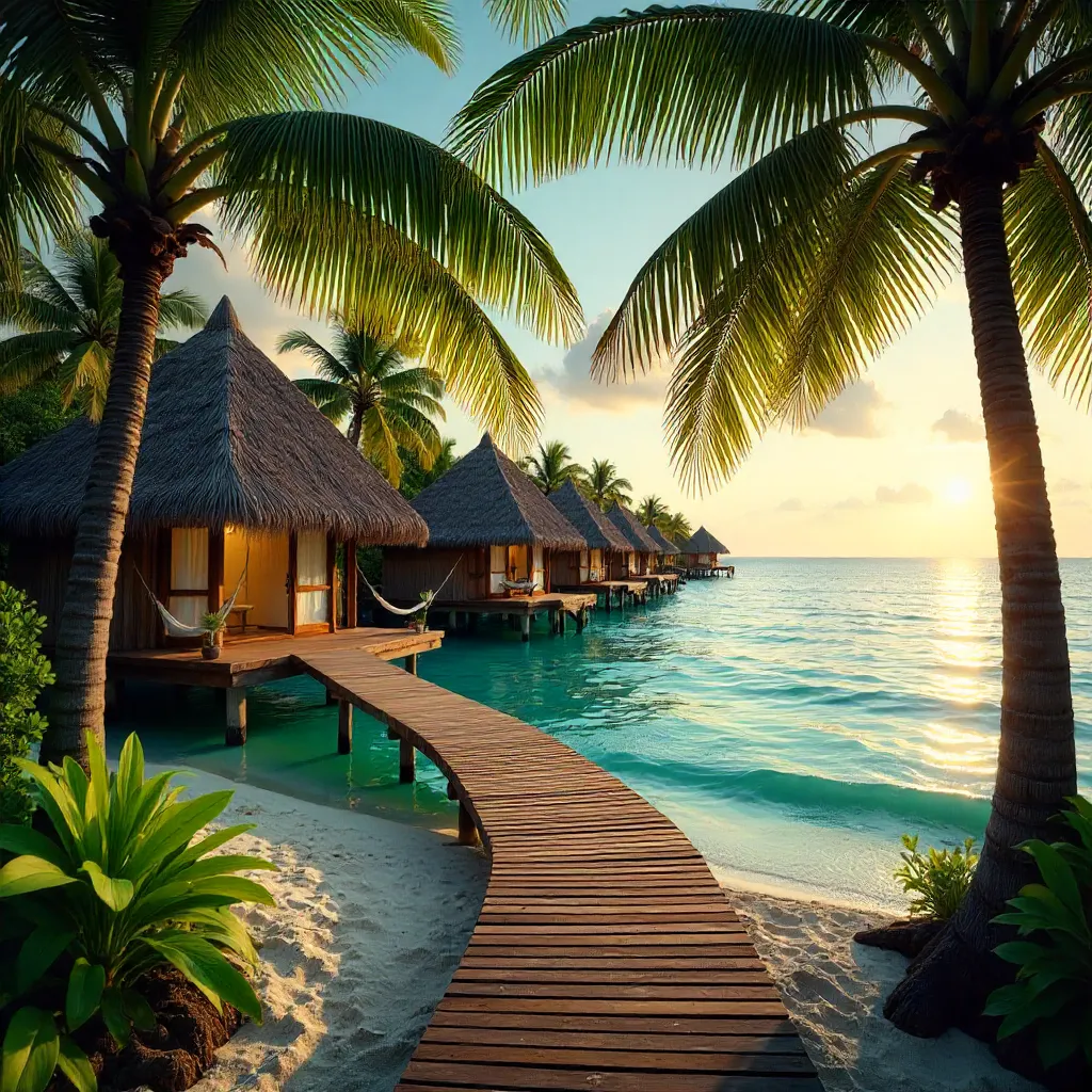 Peaceful Tropical Resort Huts Among Palm Groves