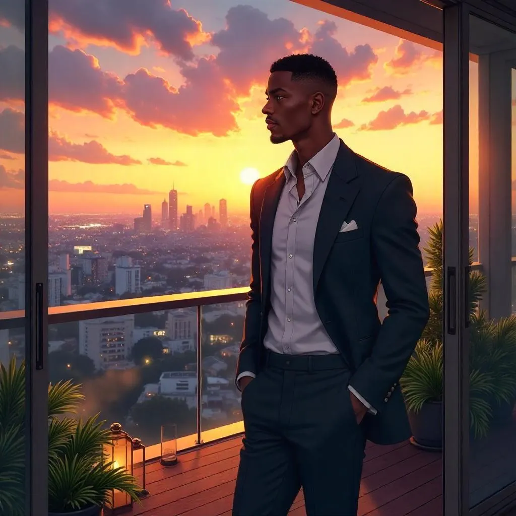 Elegant Black Man on Terrace in Anime Style