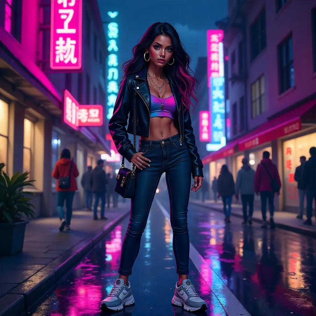 Neon Latina on a Vibrant City Street