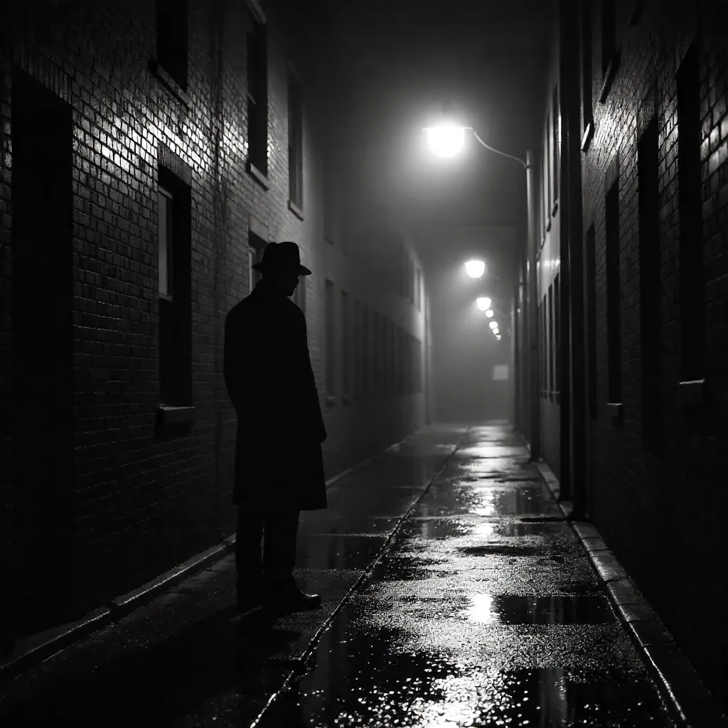 Noir Alley Solitude: A Shadowed Figure