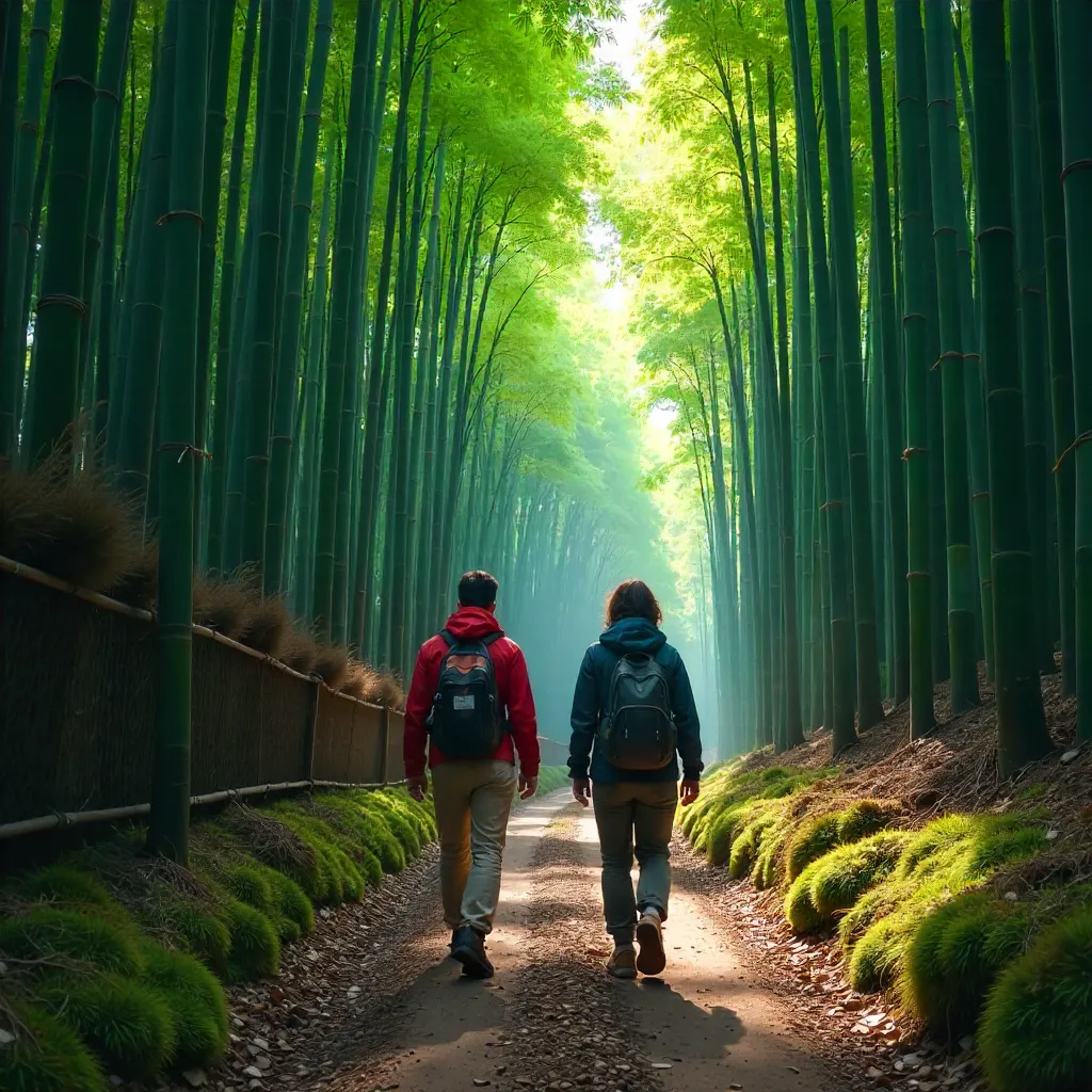 Two Hikers in Kyoto's Bamboo Grove