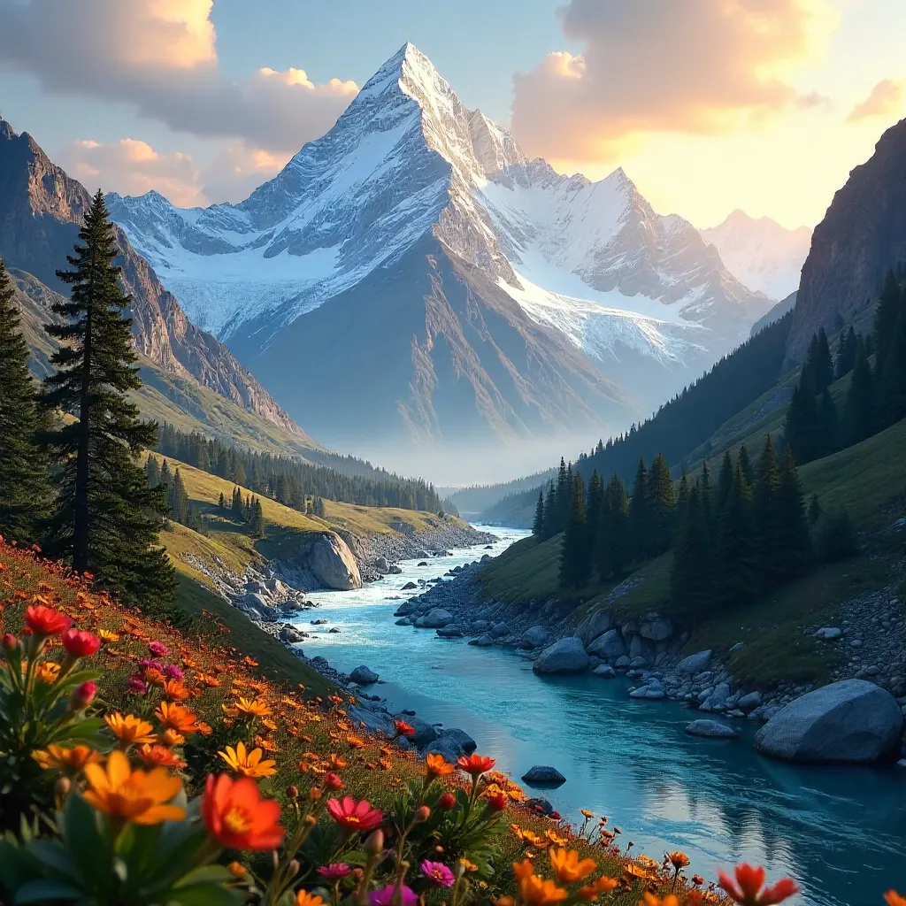 Snow-Capped Himalayan Panorama with a Glacial River