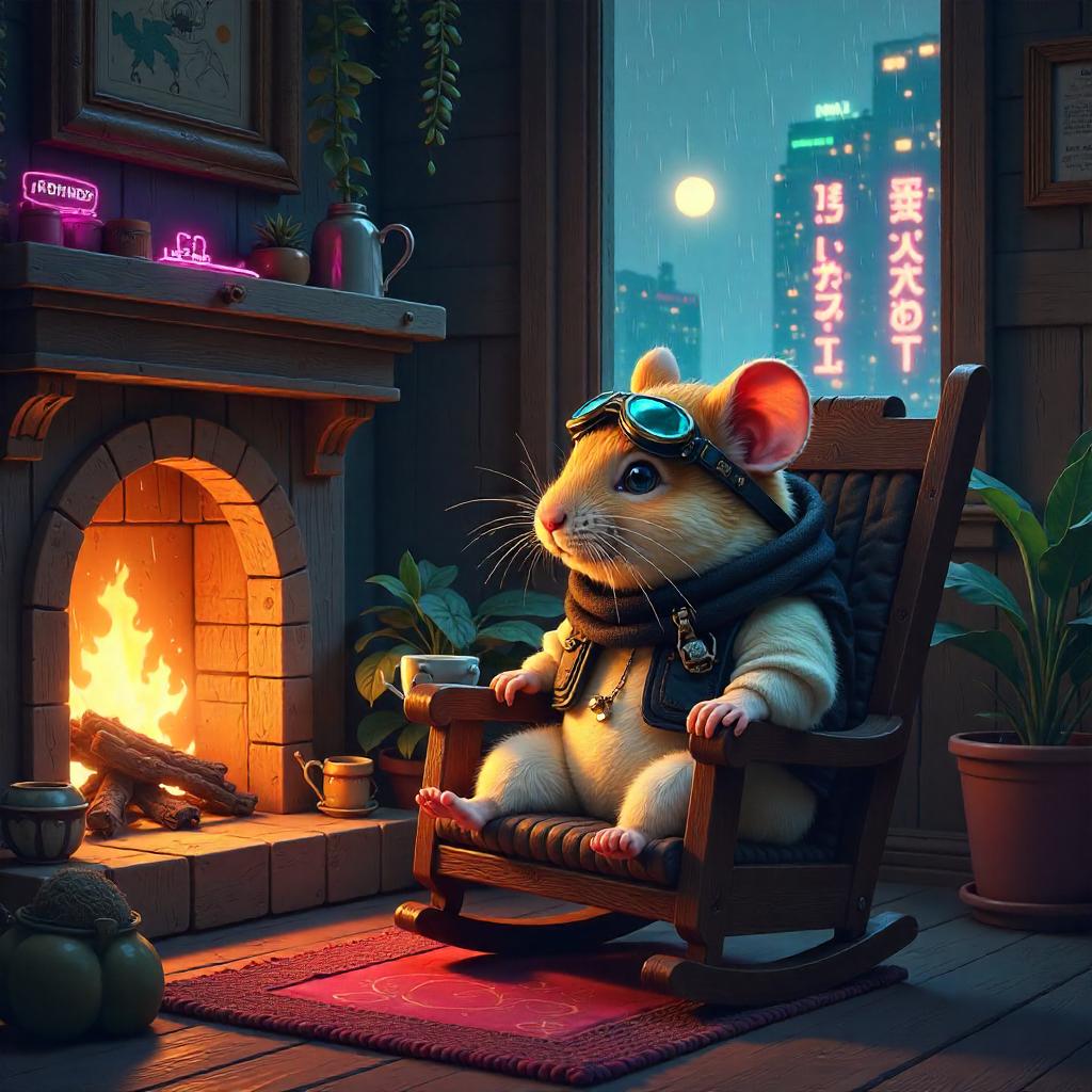 Neon Hamster in a Cozy Cottage of Light