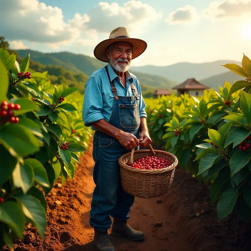 Sunny Mexican Coffee Farmer in a Lush Plantation