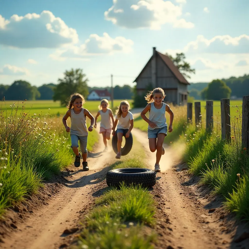 Sunny Tire-Game on a Rural Path