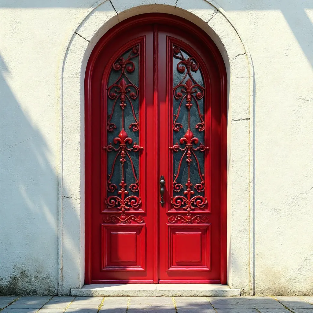 Striking Red Wrought Iron Door on White Wall