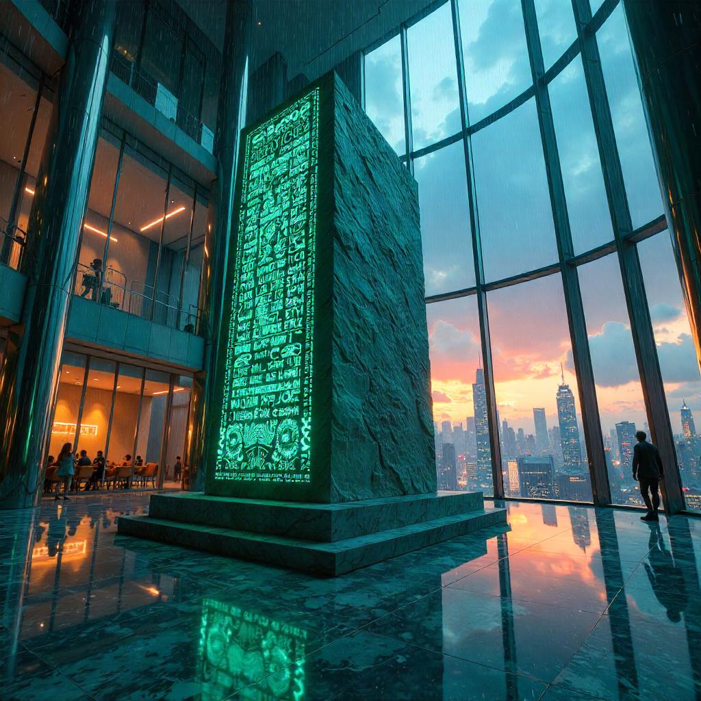 Runic Stone in a Neon Skyscraper Atrium