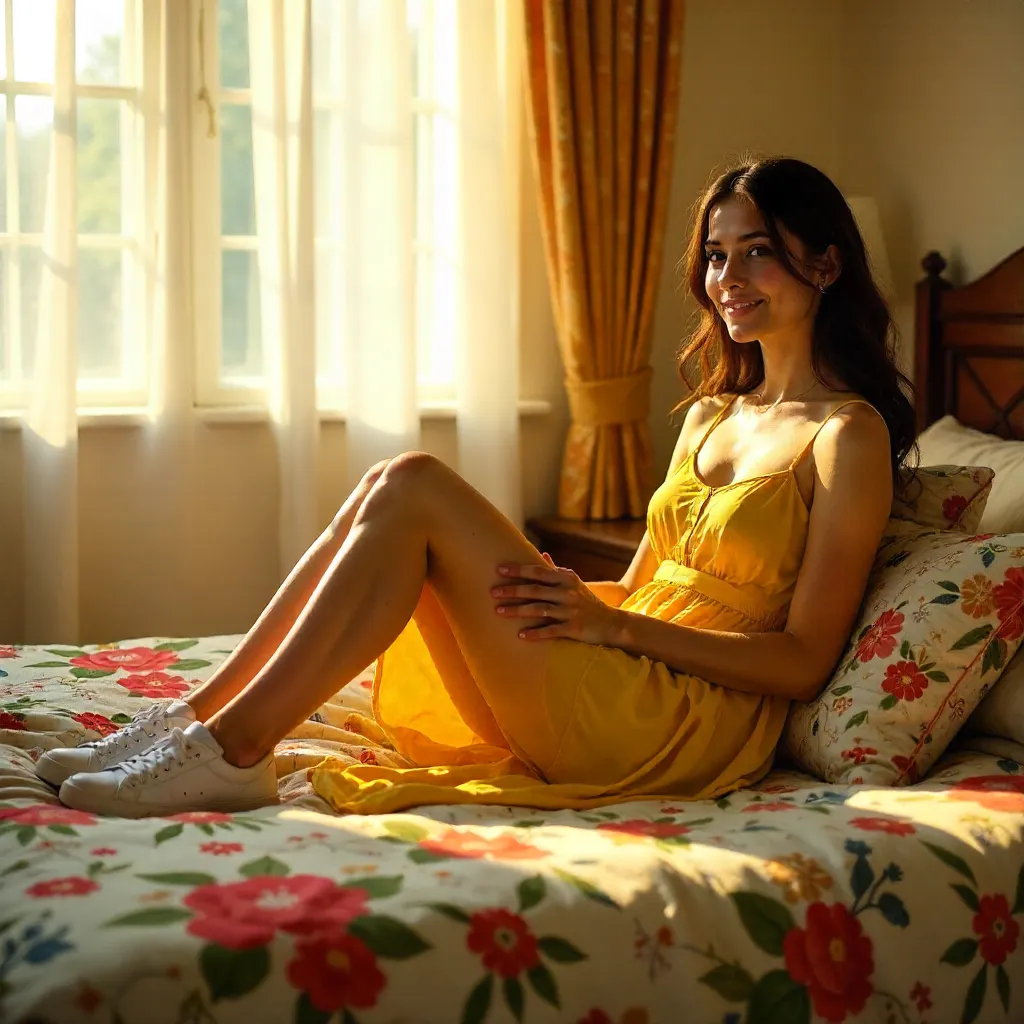 Sunlit Yellow Dress on Floral Bedspread