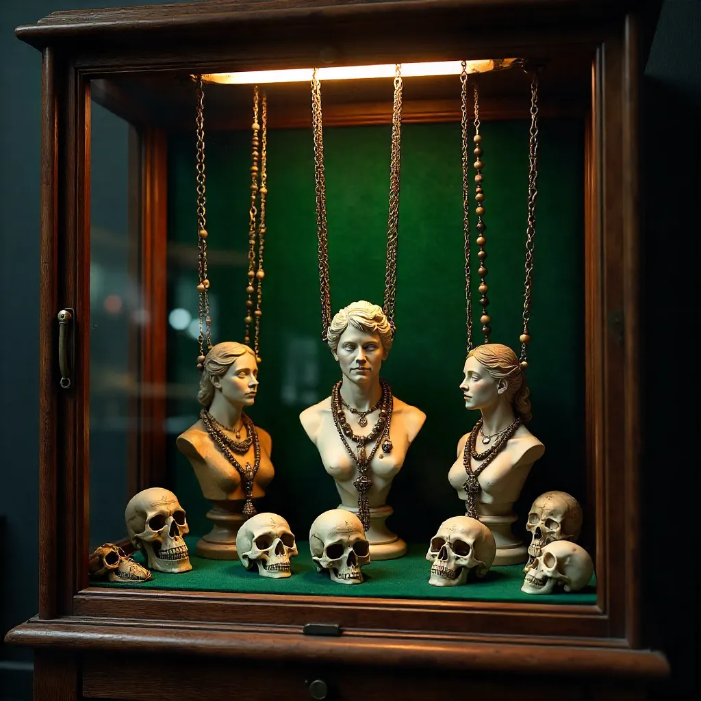 Moody Vintage Display: Necklaces, Skulls & Figurines