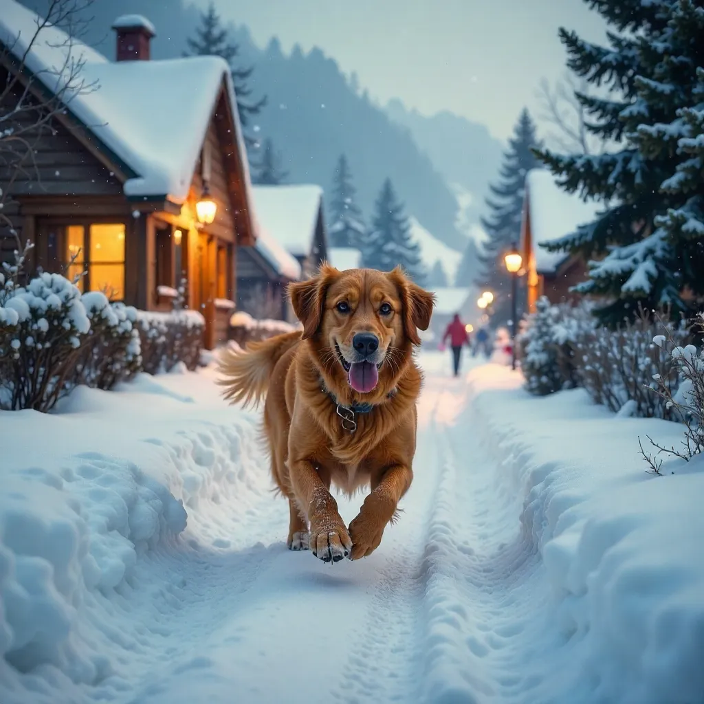 Energetic Dog Dashes Through a Snowy Village Path