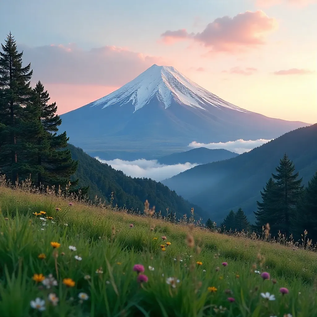 Snow-Capped Mount Fuji Above Foreground Grass