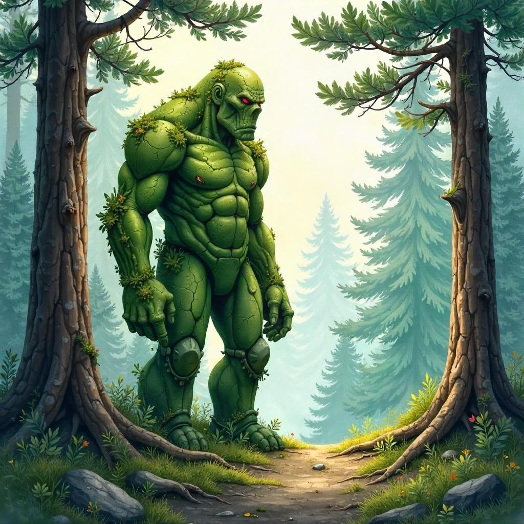 Golem in a Pine Forest – Watercolor Dream