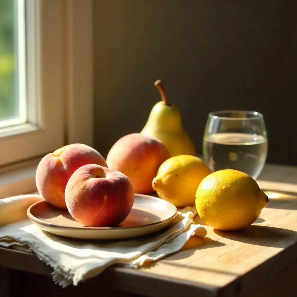 Sunlit Fruits: Peach, Pear, and Lemon Still Life