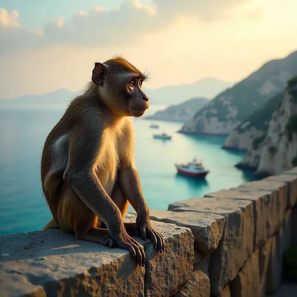 Barbary Macaque on Stone Wall Over Gibraltar Bay
