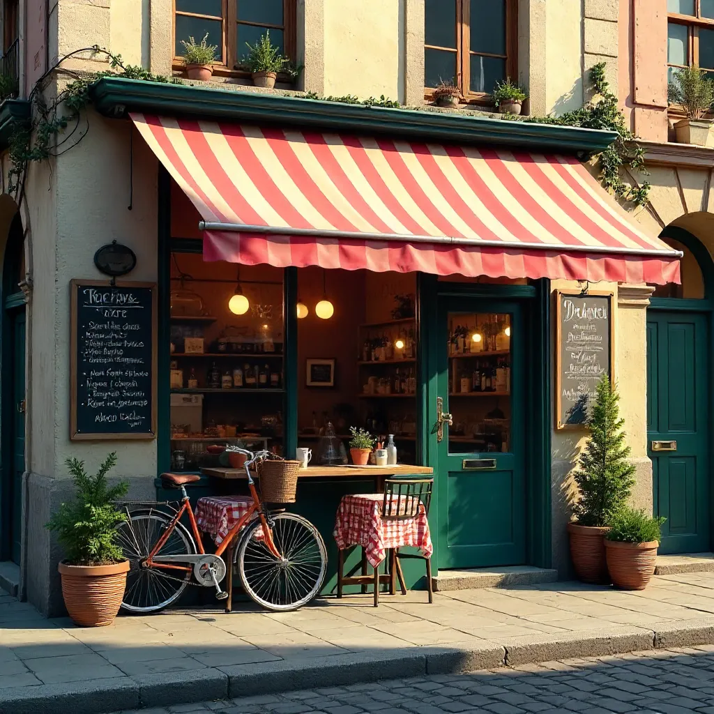 Cozy Street Café with Striped Awning and Eclectic Signage