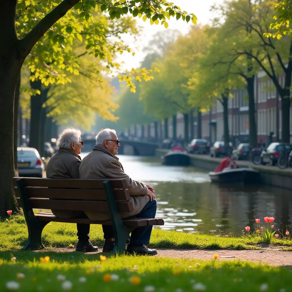 Sunny Amsterdam Park Bench with an Elderly Couple