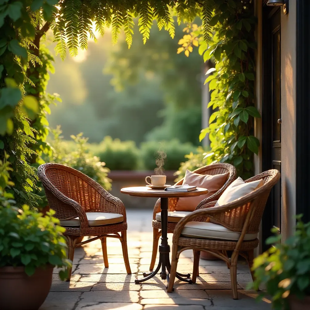 Whispering Calm: Cozy Outdoor Cafe Oasis with Wicker Chairs