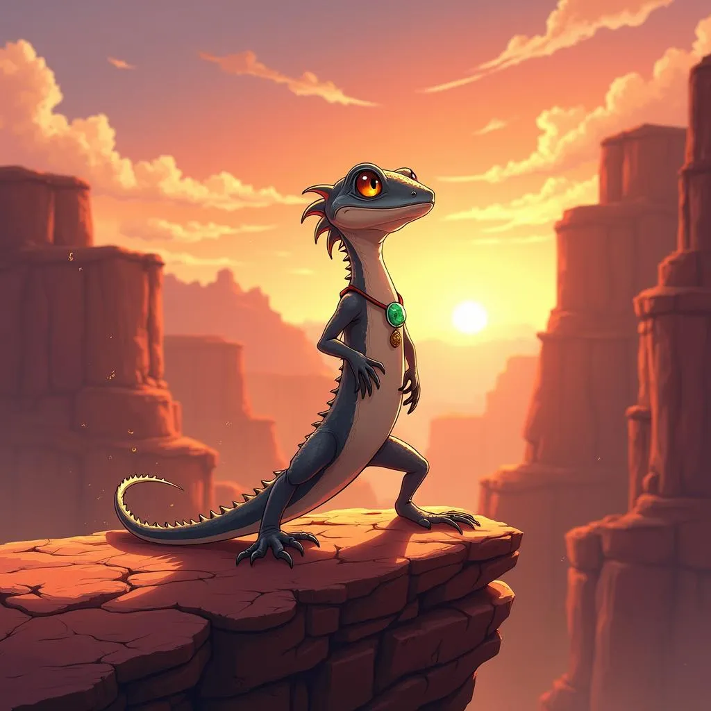 Anime Lizard in a Canyon: Sunset Ember Sands