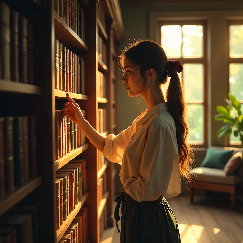 Calm Library Moment: Woman with Bow Selecting a Book