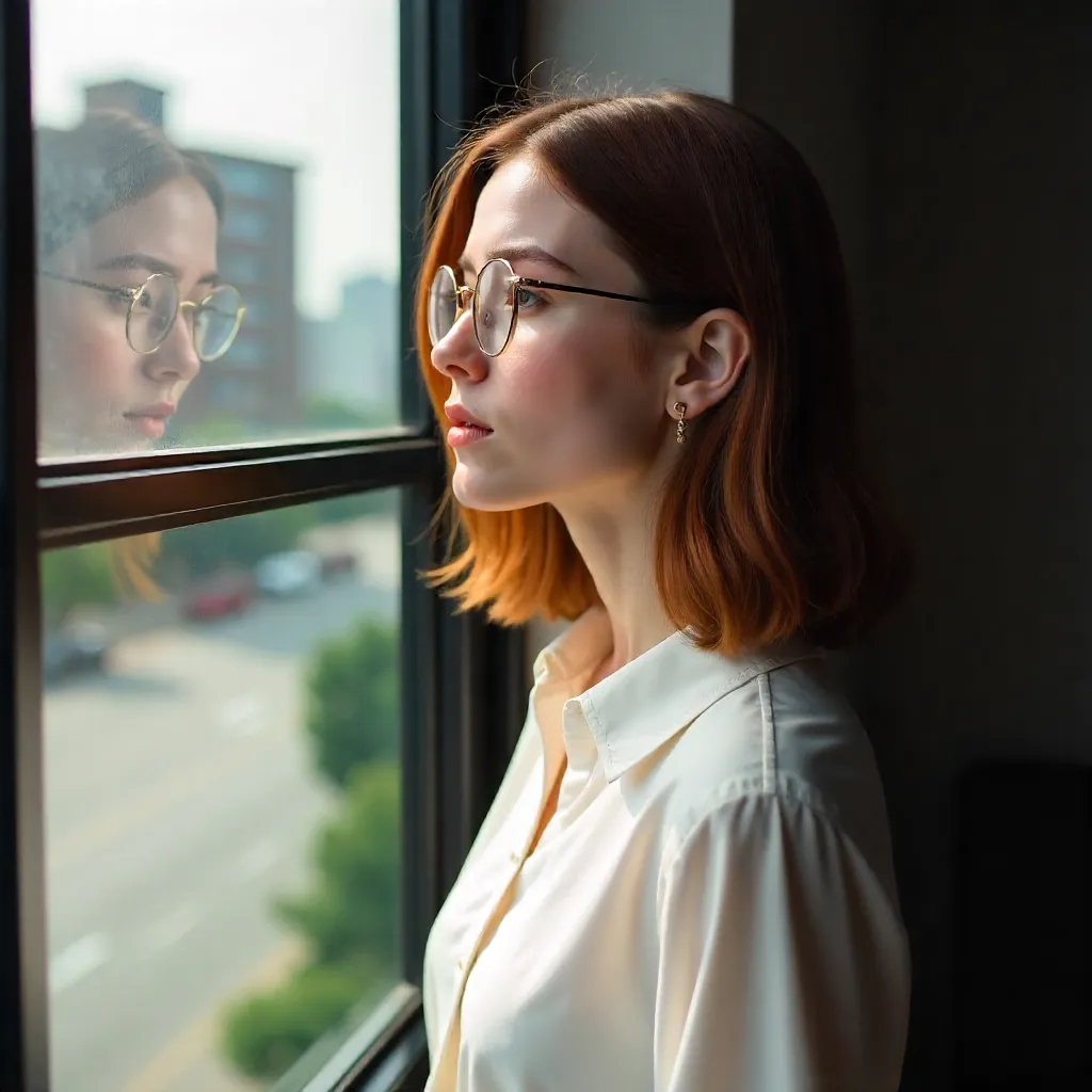 Window Gaze: Thoughtful Portrait in White Blouse