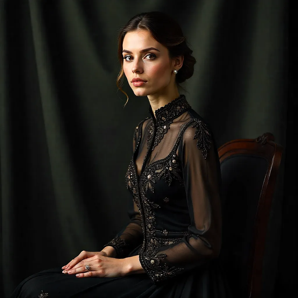 Graceful Poise in a Black Embroidered Dress