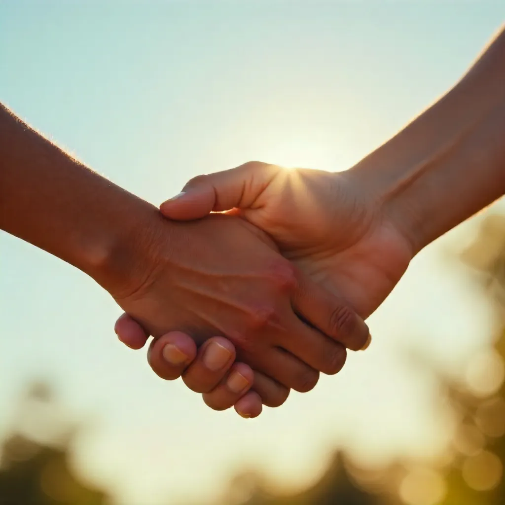 Intertwined Hands Under a Clear Blue Sky