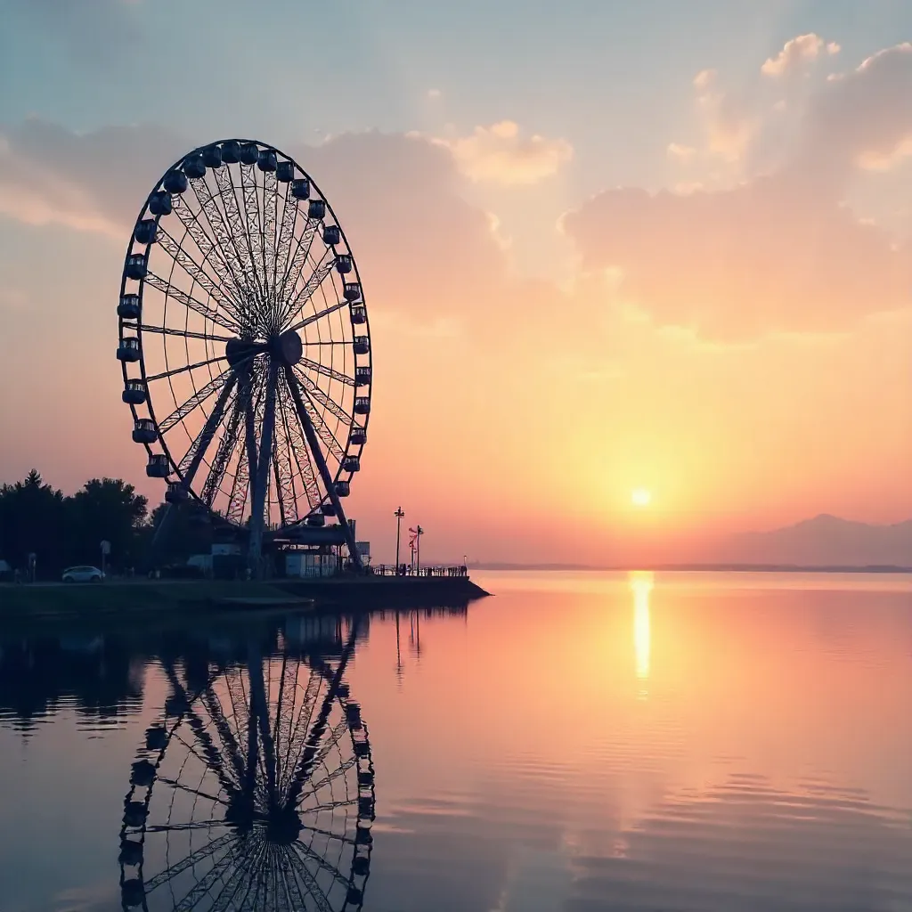 Silhouetted Ferris Wheel at a Serene Sunset
