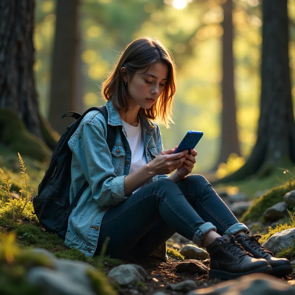 Young Woman with Phone in a Forest Clearing