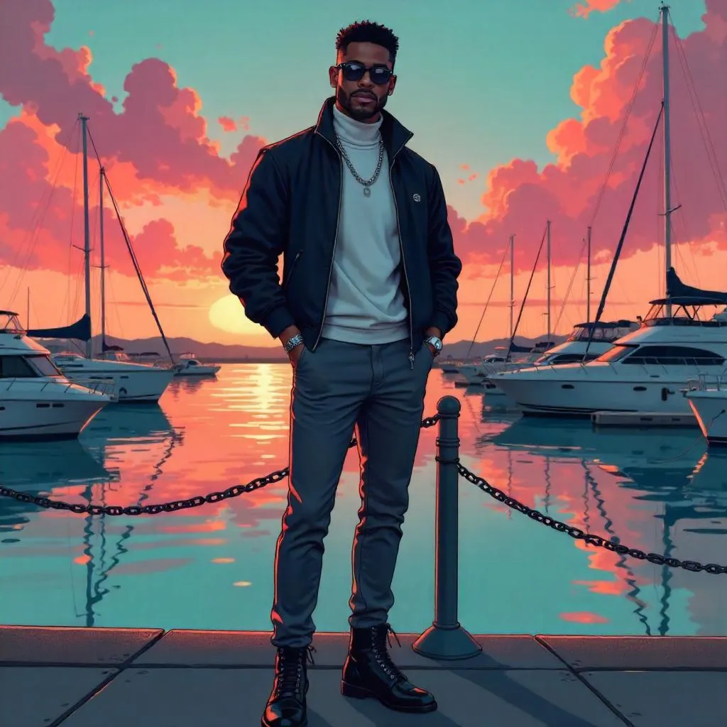 Stylish Black Man at Sunset Marina in Anime Style