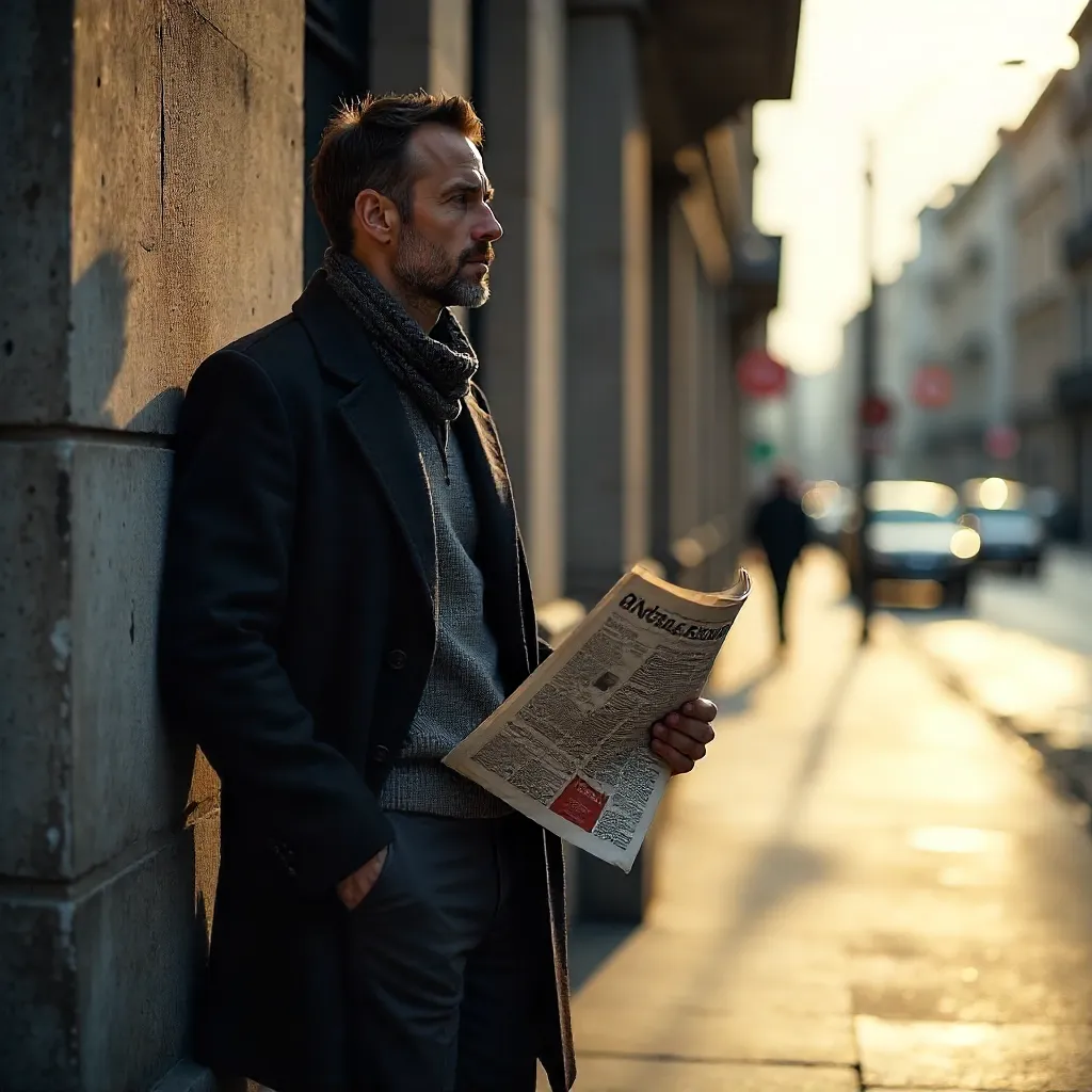Thoughtful Man with Newspaper by Concrete Building