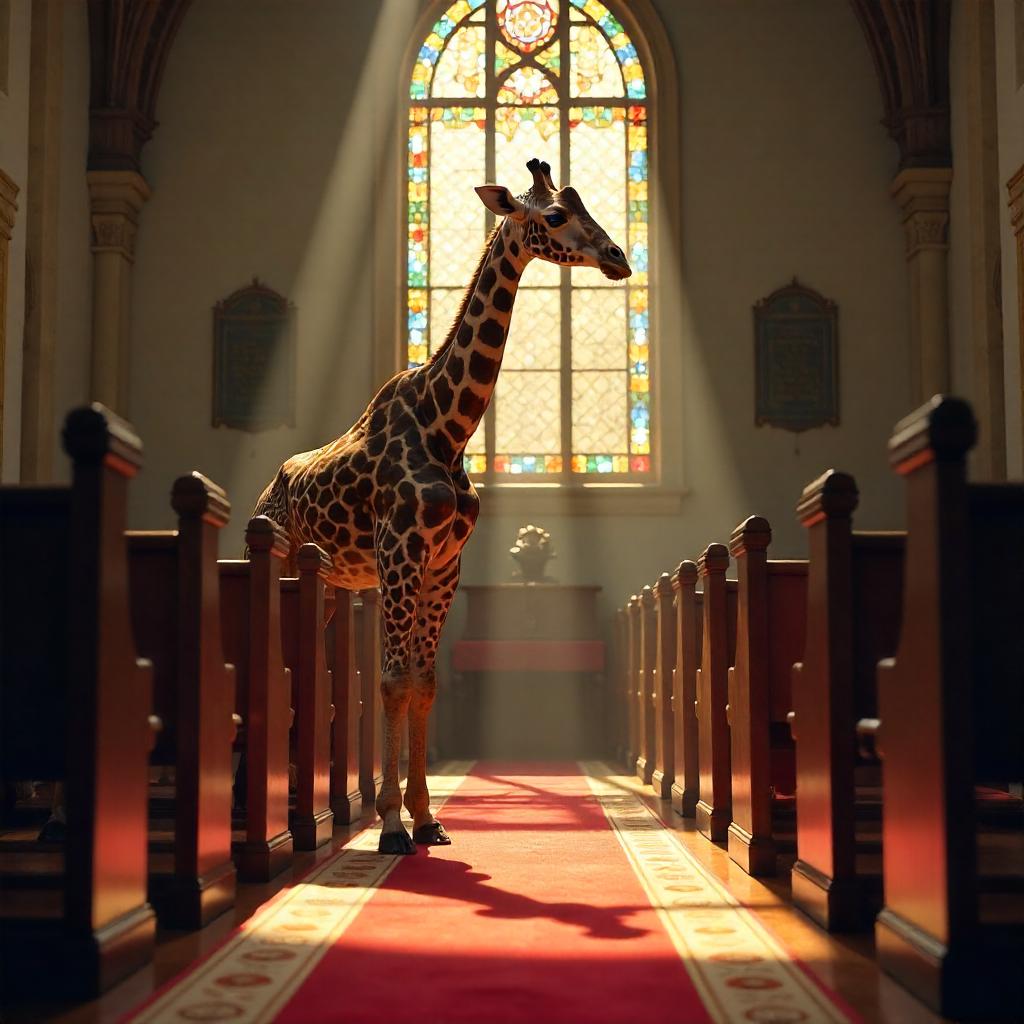 Photorealistic Giraffe Inside a Serene Synagogue