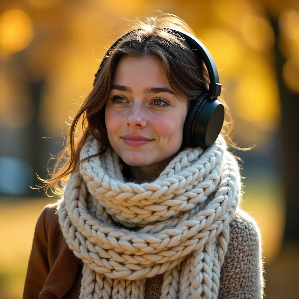 Portrait of a Young Woman in a Scarf and Headphones Outdoors